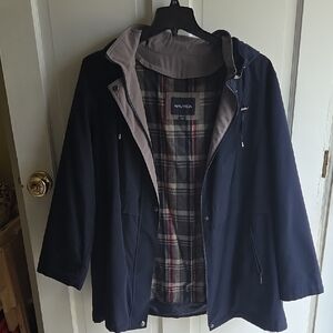 Nautica Navy Hooded Jacket with Plaid Lining